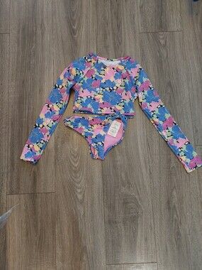 NWT Girls' Floral Long-Sleeve Rash Guard Swim Set - Pink & Blue Size 8
